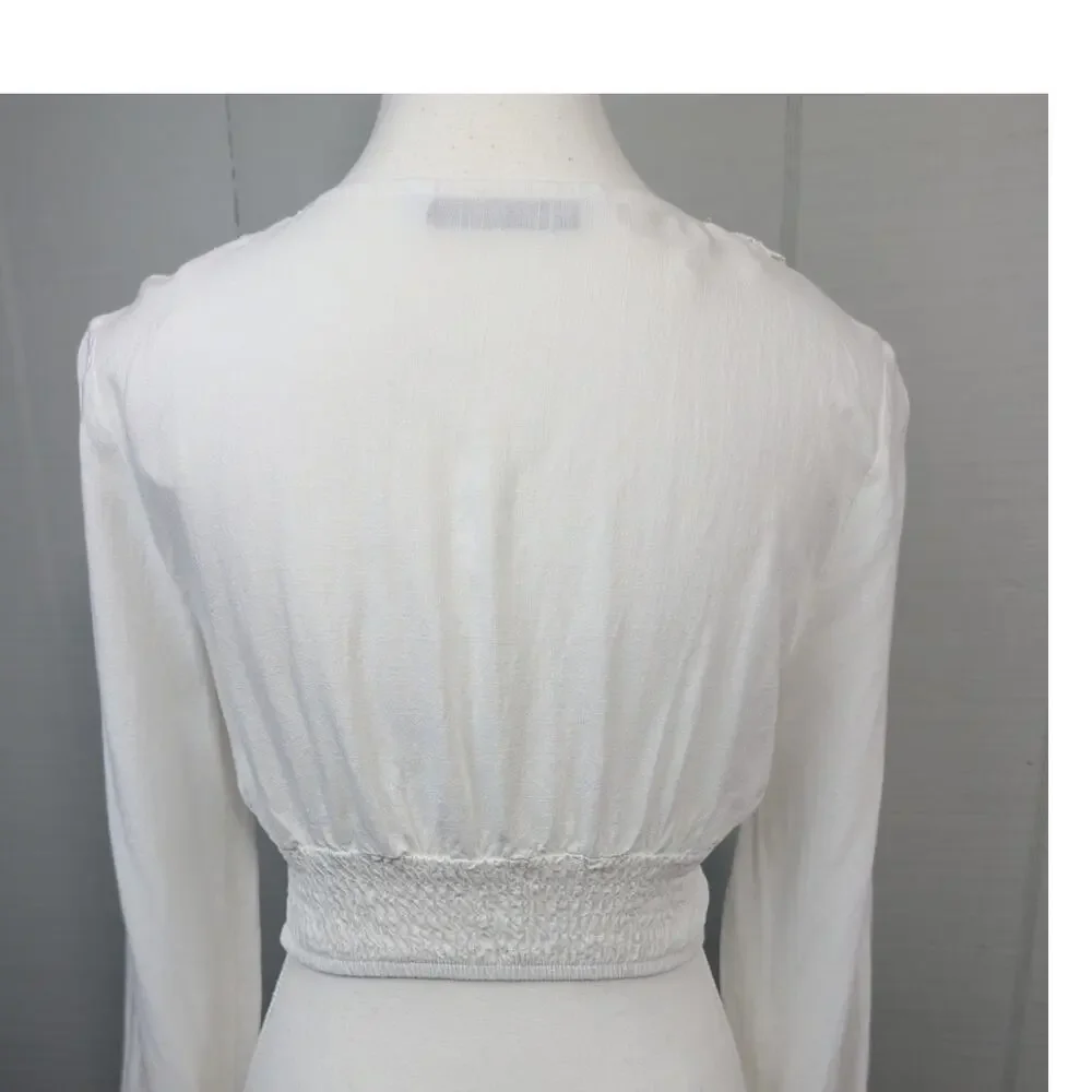 Zara Womens Crop Top Blouse Lace White XS Smocked Waist Long Sleeve Deep V-Neck